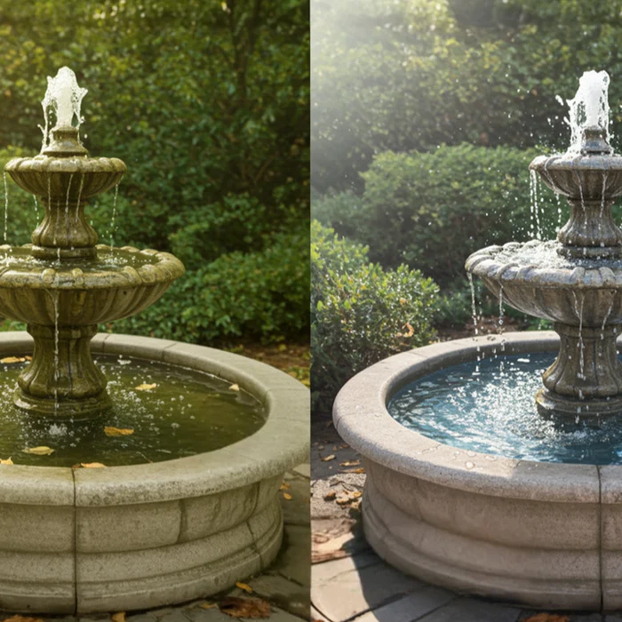 A tiered office courtyard fountain with clear water running over every tier
